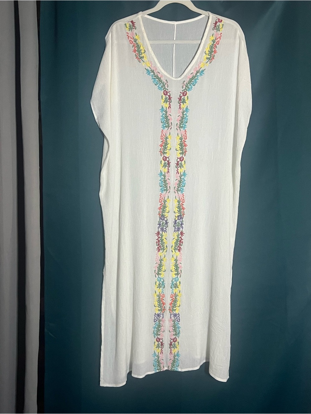 White Embroidered V-Neck Swim Coverup with Multicolor Trim